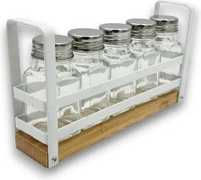 5Five® Sada 5 ks hranatých koreničiek v praktickom stojane BALM, biely kov, drevo, 21,8 x 5,2 x 12,6 cm