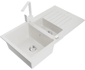 Mexen Matias, granitový drez 900x505x200 mm, 1,5-komorový a biela batéria Rita, biela, 6502-20-670300-20