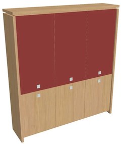 Vysoká skriňa Verno 188 x 46 x 210 cm, kombinované dvere, dub svetlý / červená