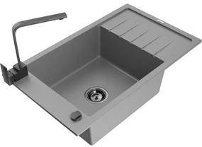 Mexen Elias, granitový drez granitový 795x480x200 mm, 1-komorový, šedá s čiernym sifónom a čierna drezová batéria Rita, 6511-71-670300-70-B