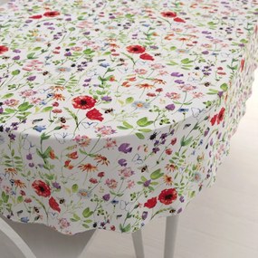 Biante Bavlnený oválny obrus Sandra SA-608 Červeno-fialové lúčne kvety s motýlikmi a čmeliakmi na bielom 50x100 cm