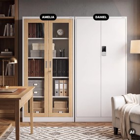 Kovová skriňa s vitrínou biela, dub sonoma, 900x1850x400 mm: AMELIA Eco Design