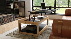 LUSSO Čierna matná/Dub Artisan -  MODERNÝ STOLÍK SO ZDVÍHAVOU STOLOVOU DOSKOU + ÚLOŽNÝ PRIESTOR + POLICA (NA KOLESÁCH!)