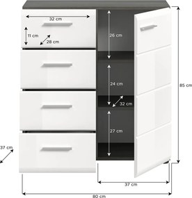 Komoda so zásuvkami Salsa, 80 cm, šedý dub/biela lesk