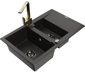 Mexen Gaspar, granitový drez 737x475x177 mm, 1,5-komorový a zlatá batéria Rita, čierna-zlatá metalíza, 6507-75-670300-50-B
