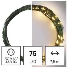 EMOS LED vonkajšia vianočná nano reťaz NANO LIGHTS, 75xLED, teplá biela, 7,5 m, časovač, zelená