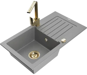 Mexen Pablo, granitový drez 752x436x161 mm, 1-komorový a zlatá batéria Rita, šedá, 6510-71-670300-50