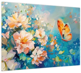 Obraz - Motýľ a kvety, olejomaľba II. (70x50 cm)