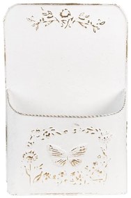 Biely antik plechový nástenný držiak na kvety s motýlikom - 27*9*41 cm