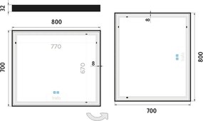 Nimco Čierne LED zrkadlo 800x700 s dvoma dotykovými senzormi - ZPC 13003VX-90