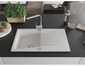 Mexen Cesar, granitový drez 775x470x190 mm, 1-komorový, biela s chrómovým sifónom a chrómová drezová batéria Rita, 6514-20-670300-00