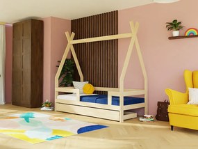 Detská drevená posteľ SAFE 5v1 v tvare teepee so zábranou a úložným šuplíkom