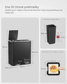 Kôš na separovanie odpadu SORT, 2x30l+vrecia na odpadky, čierna/strieborná SongmicsHome