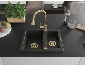 Mexen Carlos, 1,5-komorový granitový drez 582x475x177 mm a drezová batéria Elia, čierna-zlatá metalíza, 6518-75-670101-50