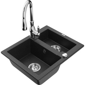 Mexen Carlos, 1,5-komorový granitový drez 582x475x177 mm a drezová batéria Savita, čierna-strieborná metalíza, 6518-71-672601-71