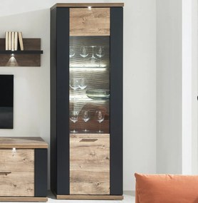 Vysoká vitrína Boston, čierna/dub ribbeck, s osvetlením, pravá