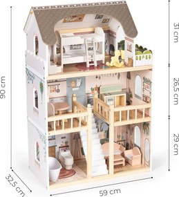 Drevený domček pre bábiky Laura, 3 poschodia, 5 izieb, 15 kusov nábytku, ECOTOYS