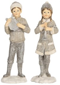 Šedá dekorácia dievča a chlapec s hudobnými nástrojmi - 8*7*22 cm