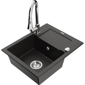 Mexen Enzo, 1-komorový granitový drez 576x465x174 mm a drezová batéria Elia, čierna-zlatá metalíza, 6506-75-670101-00