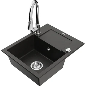 Mexen Enzo, 1-komorový granitový drez 576x465x174 mm a drezová batéria Elia, čierna-zlatá metalíza, 6506-75-670101-00