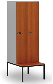 Drevená šatníková skrinka S4 s lavičkou, 2 oddiely, 1871 x 600 x 500/800 mm, demont, mechanický kódový zámok, sivá/čerešňa