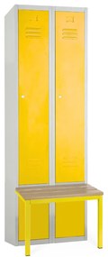 Kovová šatníková skrinka s lavičkou, 60 x 85 x 185 cm, sokel, cylindrický zámok, žltá - ral 1023