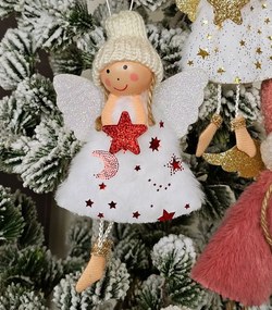 Biela látková závesná dekorácia anjel s hviezdičkou - 8*3*15 cm