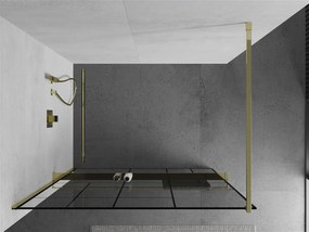 Mexen Kioto+, sprchová zástena s poličkou a držiakom na uteráky 120 x 200 cm, 8mm číre sklo vzor čierny, zlatý profil, 800-120-121-50-78