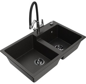 Mexen Tomas, 2-komorový granitový drez 800x500x190 mm a kuchynská batéria Duo, čierna-zlatá metalíza, 6516-75-671701-07-B