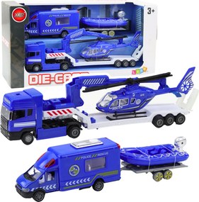 LEAN Toys Súprava: Policajné auto, záchranné vozidlo, loď, nákladné auto, vrtuľník – modrá