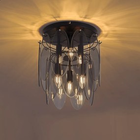 Art Deco plafondlamp zwart met smoke glas ovaal 6-lichts - Mochan