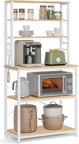 Regál do kuchyne, Stojan na mikrovlnku, 6 políc a 6 hákov, farba dub a biela