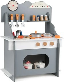 Detská kuchynka s kompletným príslušenstvom Bábiková kuchynka s hodinami, sporákom a poličkou na koreniny, sivá