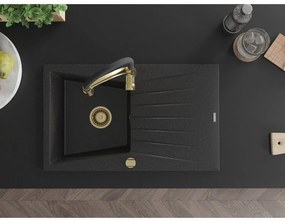 Mexen Cesar, 1-komorový granitový drez 775x470x190 mm a drezová batéria Aster, čierna-strieborná metalíza, 6514-73-73450-57-G