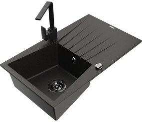 Mexen Cesar, granitový drez 775x470x190 mm, 1-komorový, čierna-zlatá metalíza s čiernym sifónom a čierna drezová batéria Rita, 6514-75-670300-70-B
