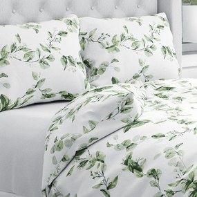 Biante Bavlnené posteľné obliečky Sandra SA-422 Zelené listy na bielom Predĺžené 140x220 a 70x90 cm