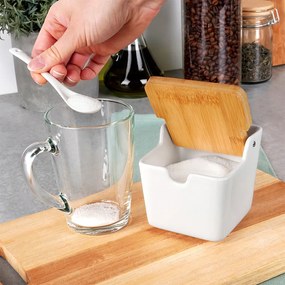 VILDE 2. akosť - Hranatá keramická cukornička /soľnička s bambusovým viečkom a lyžičkou, 250ml VILDE, biela