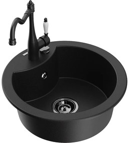 Mexen Diego, granitový drez 488x488x167 mm, 1-komorový a drezová batéria Carla, čierna, 6512-77-670700-70-B