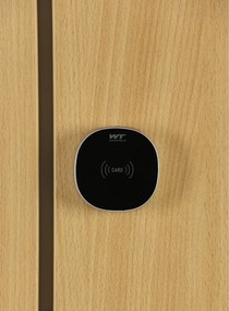 Šatníková skrinka S1 s úložnými boxmi, 4 boxy, 1850 x 300 x 500 mm, demont, zámok s čítačkou RFID kariet, laminované dvere, dub prírodný