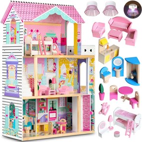 Ricokids Drevený domček pre bábiky veľký 3-poschodový s výťahom a LED osvetlením