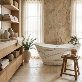 Rea Ferrano Slim, voľne stojaca vaňa 170x73 cm, imitácia kameňa, zlatý matný click-clack, KPL-W7505