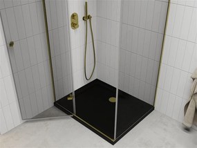 Mexen Roma, sprchovací kút s 1-krídlovými dverami 90 (dvere) x 100 (stena) cm, 6mm číre sklo, zlatý profil, slim sprchová vanička 5cm čierna, 854-090-100-50-00-4070G