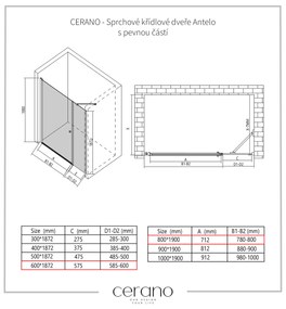 CERANO - Sprchové krídlové dvere Antelo s pevnou časťou L/P - chróm, transparentné sklo - 80x60 cm, CER-CER-435839