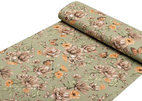 Biante Detské bavlnené posteľné obliečky do postieľky Sandra SA-472 Hnedé kvety magnólie na zelenom Do postieľky 100x135 a 40x60 cm