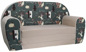 Detská rozkladacia MINI pohovka Lesné zvieratká - tmavo zelená/béžová