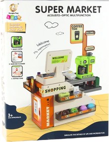 LEAN Toys Detská pokladňa s príslušenstvom obchod a kaviareň, svetlá a zvuky 70 ks