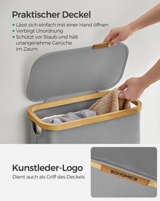 Kôš na prádlo s viečkom, úzky kontajner na prádlo 65 L, 42 x 22,5 x 70,5 cm, holubia šedá