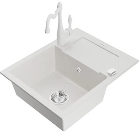Mexen Enzo, granitový drez 576x465x174 mm, 1-komorový a drezová batéria Carla, biela, 6506-20-670700-20