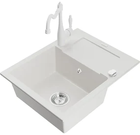 Mexen Enzo, granitový drez 576x465x174 mm, 1-komorový a drezová batéria Carla, biela, 6506-20-670700-20