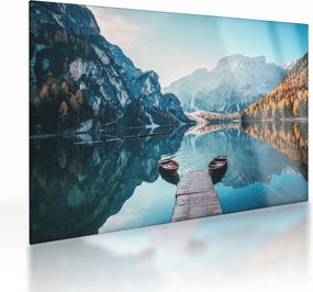 Sklenený obraz - Lode na jazere Braies (70x50 cm)
